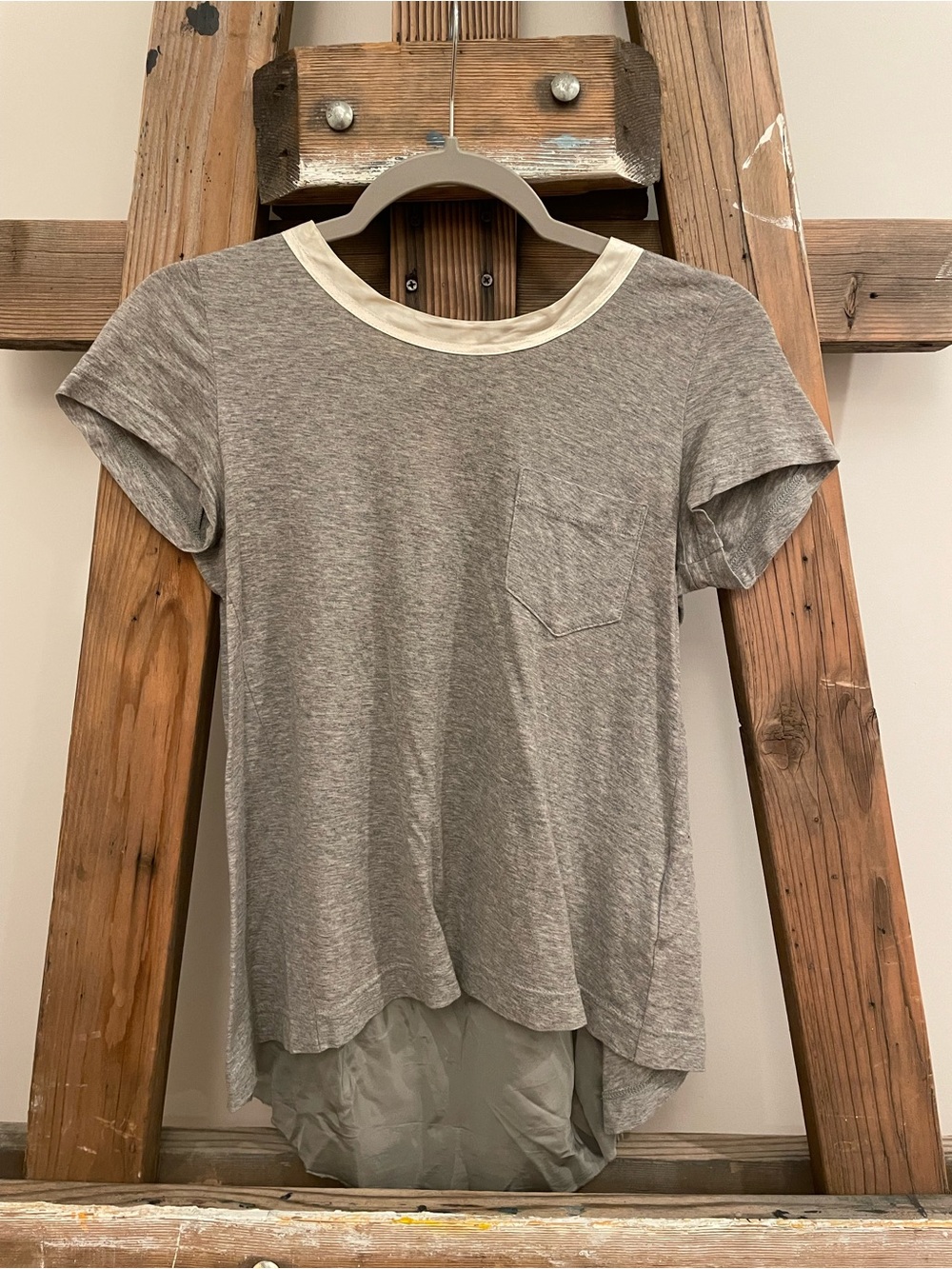 Women's Short Sleeve Grey Pocket Tee with Contrast Neck
